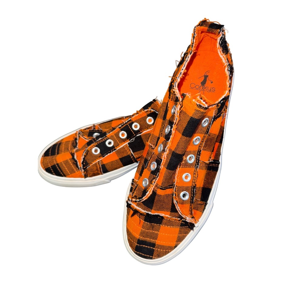 Corkys Orange Black Plaid Frayed Slip On Sneakers Ladies Sz 9